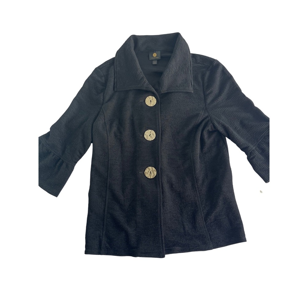 JM Collection Deep Black Textured Blazer Jacket 3/4 Bell‎ Sleeve Size Large